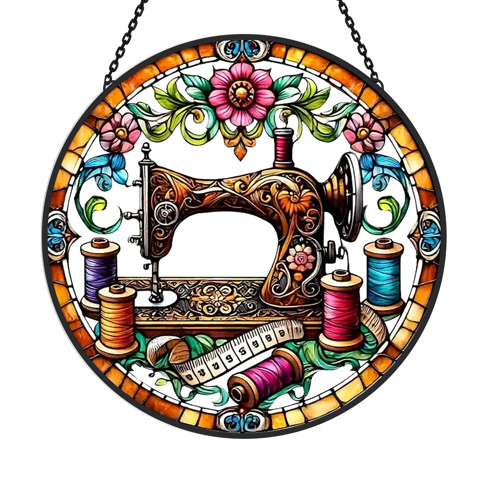 Sewing machine colorful thread stained glass suncatcher window hanging, suitable for home and garden decoration