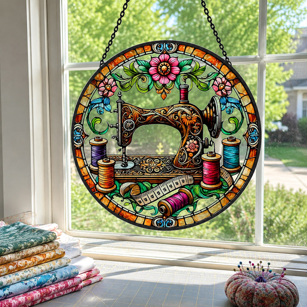 Sewing machine colorful thread stained glass suncatcher window hanging, suitable for home and garden decoration