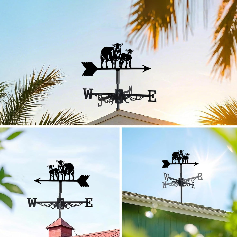 Sheep and lamb metal weather vane with directional arrows and mounting rod, outdoor roof and garden decoration