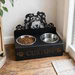 Personalized Shetland Sheepdog metal dog bowl stand with custom name cutout and two removable feeding bowls