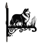 Shetland sheepdog metal hanging basket bracket mounted on outdoor wall for plant decoration