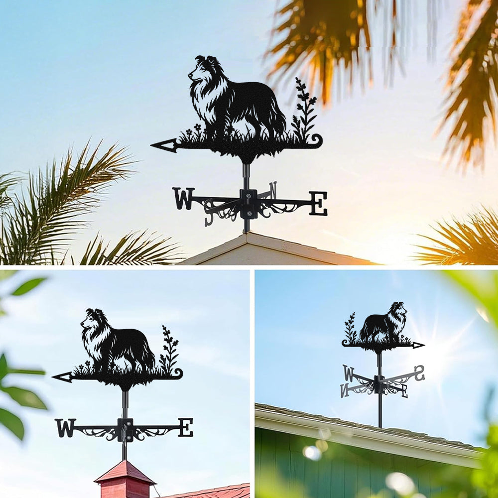 Shetland sheepdog metal weather vane with directional arrows and mounting rod, outdoor roof and garden decoration