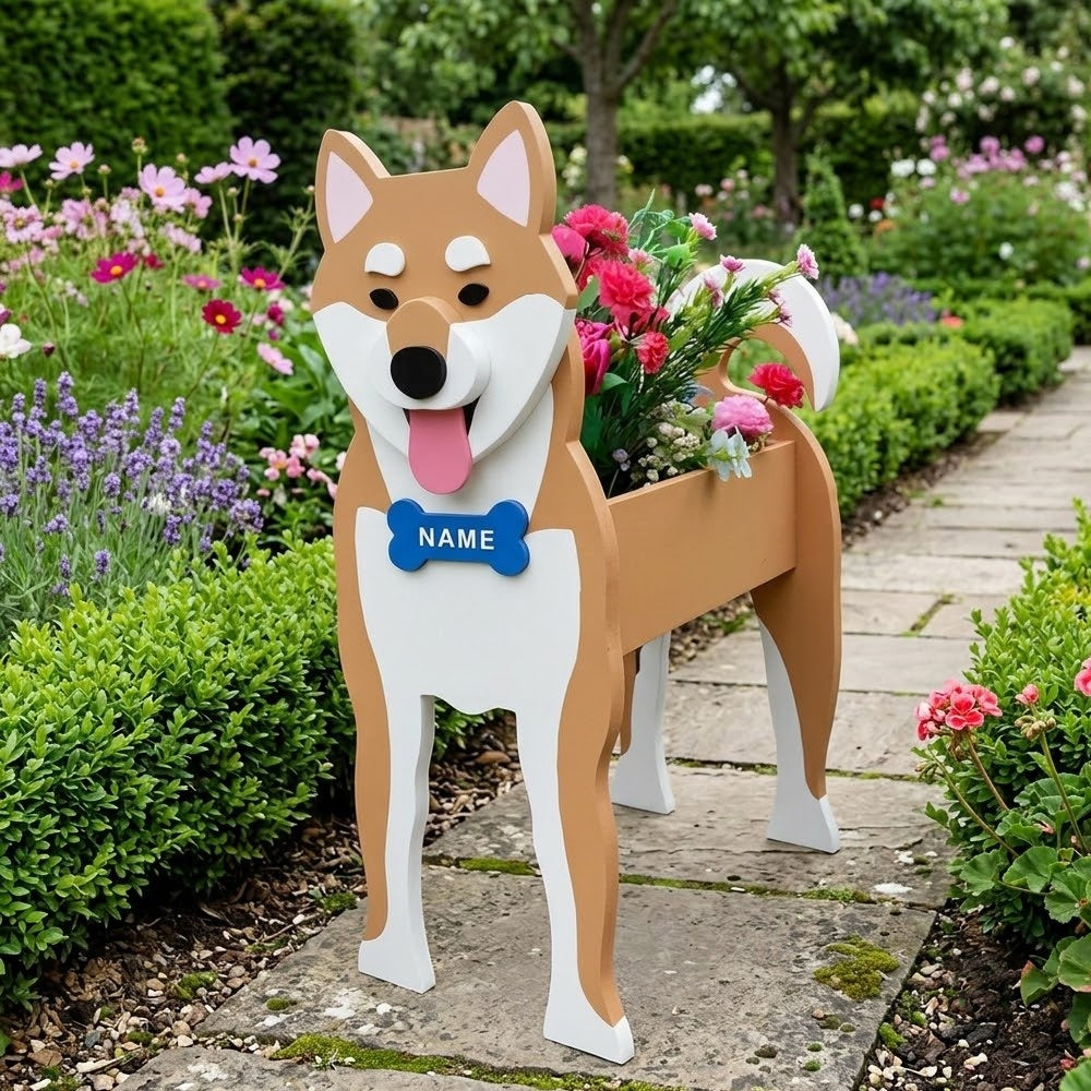 Shiba Inu dog planter filled with fresh flowers is placed in the garden