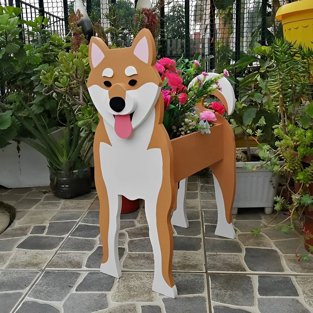 Shiba Inu dog planter filled with fresh flowers is placed in the garden