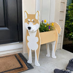 Shiba Inu dog planter filled with fresh flowers is placed in the garden