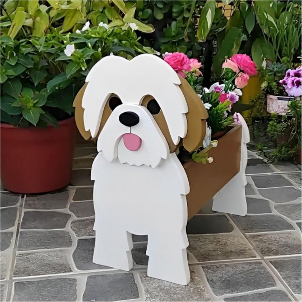 Shih Tzu dog planter filled with fresh flowers is placed in the garden