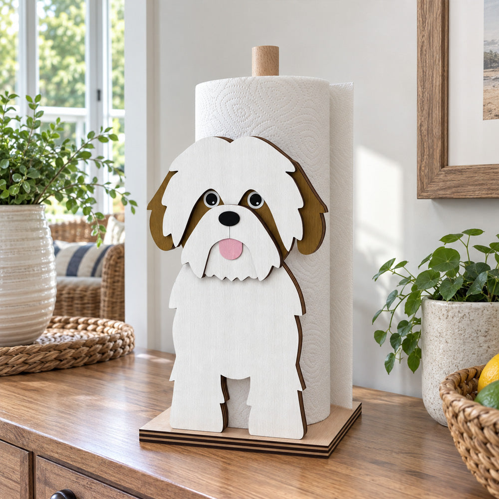 Shih Tzu Wooden Dog Paper Towel Holder displayed on a kitchen countertop with a freestanding paper towel roll