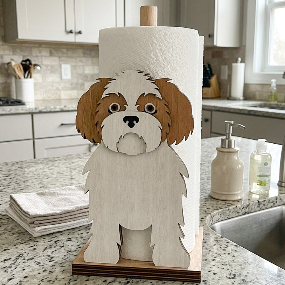 Shih Tzu Wooden Dog Paper Towel Holder displayed on a kitchen countertop with a freestanding paper towel roll