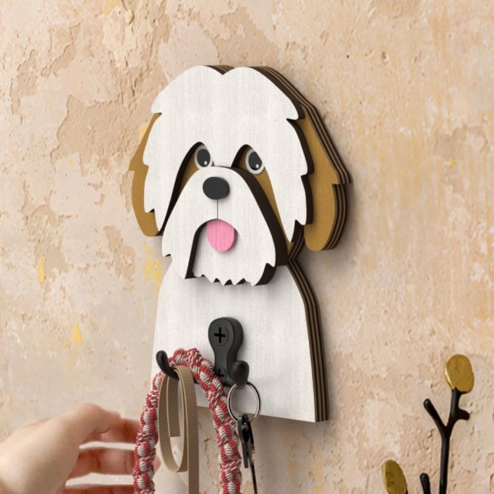 Wooden shih tzu dog wall hook key and leash holder for home entryway organizer