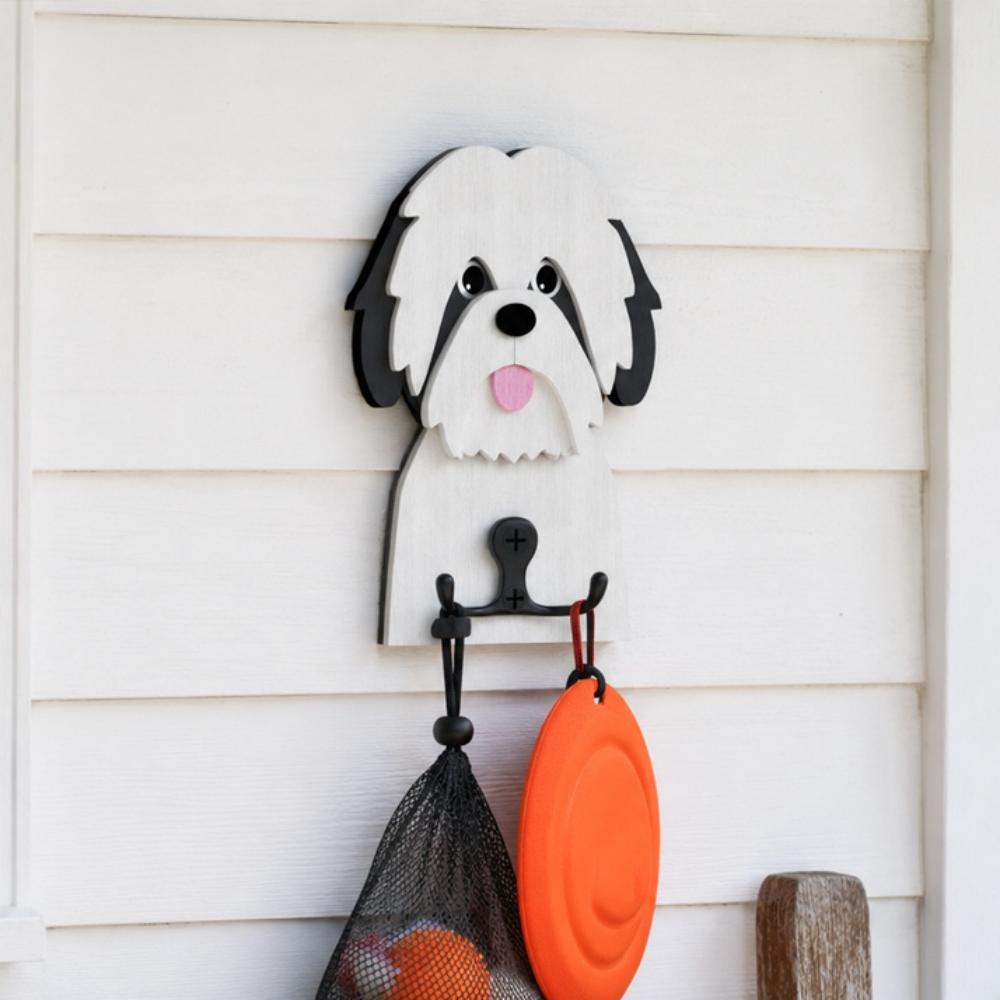 Wooden shih tzu dog wall hook key and leash holder for home entryway organizer
