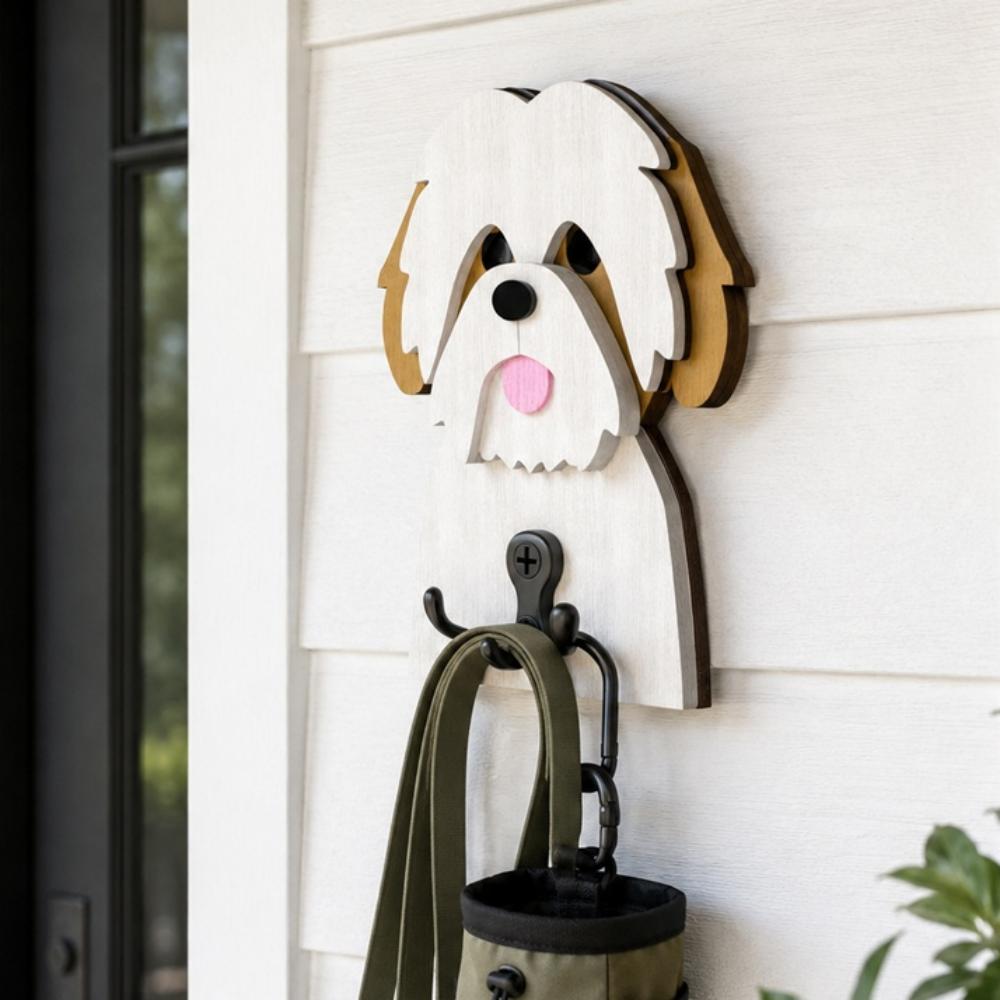 Wooden shih tzu dog wall hook key and leash holder for home entryway organizer