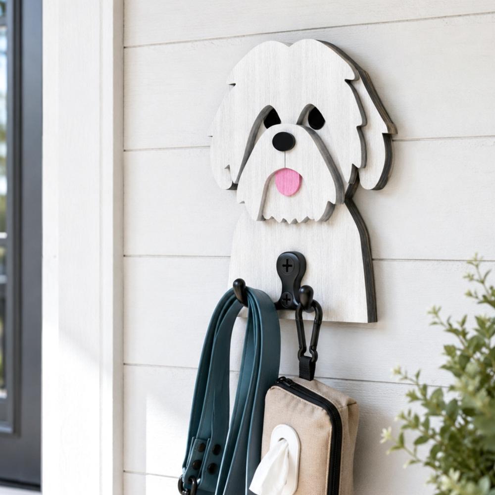 Wooden shih tzu dog wall hook key and leash holder for home entryway organizer
