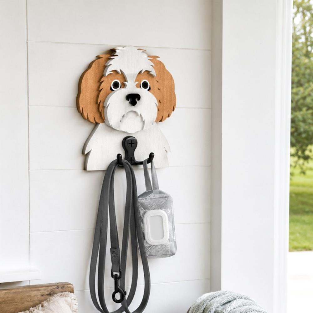 Wooden shih tzu dog wall hook key and leash holder for home entryway organizer