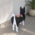 Siberian Husky dog planter filled with fresh flowers is placed in the garden