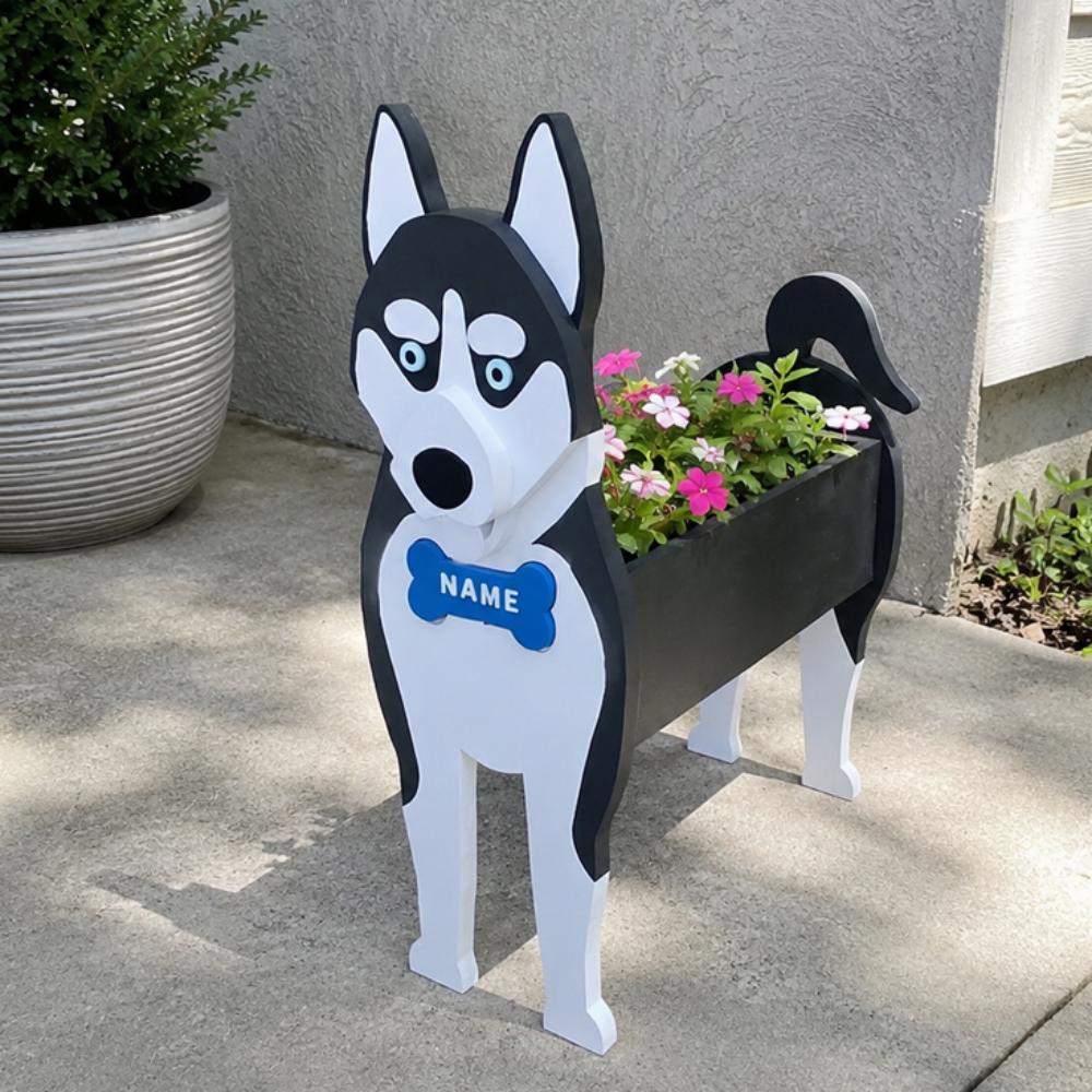 Siberian Husky dog planter filled with fresh flowers is placed in the garden