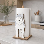Siberian Husky Wooden Dog Paper Towel Holder displayed on a kitchen countertop with a freestanding paper towel roll