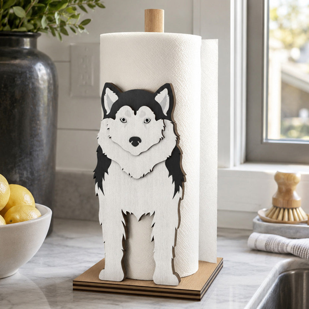 Siberian Husky Wooden Dog Paper Towel Holder displayed on a kitchen countertop with a freestanding paper towel roll