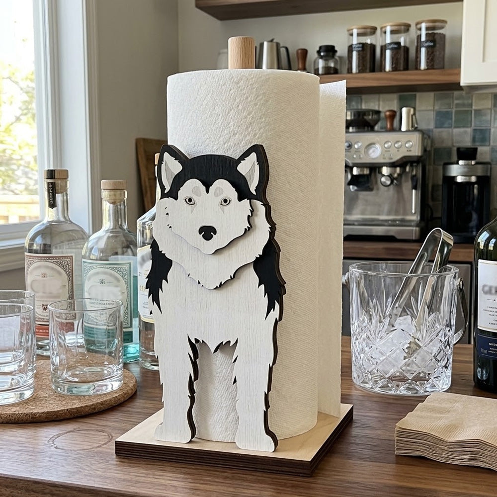 Siberian Husky Wooden Dog Paper Towel Holder displayed on a kitchen countertop with a freestanding paper towel roll