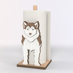 Siberian Husky Wooden Dog Paper Towel Holder displayed on a kitchen countertop with a freestanding paper towel roll