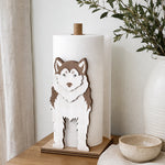 Siberian Husky Wooden Dog Paper Towel Holder displayed on a kitchen countertop with a freestanding paper towel roll