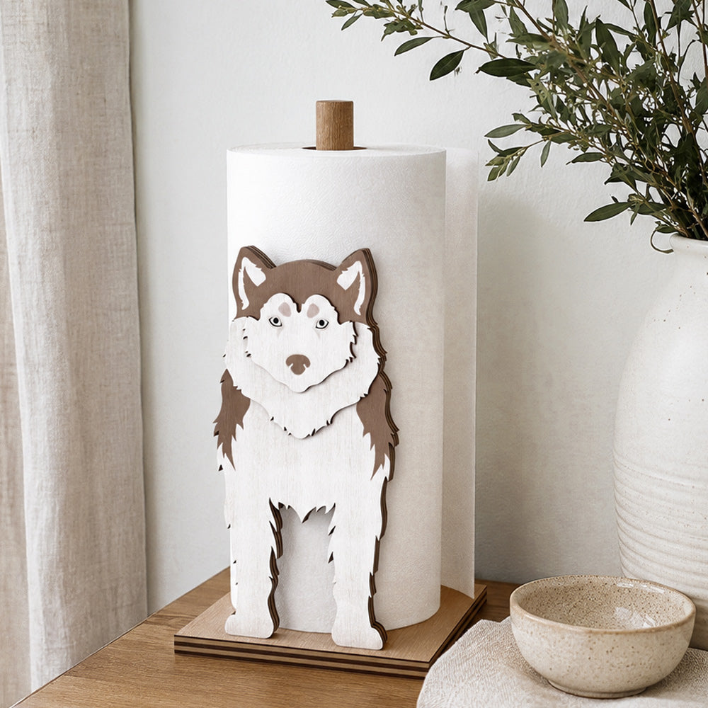 Siberian Husky Wooden Dog Paper Towel Holder displayed on a kitchen countertop with a freestanding paper towel roll