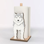 Siberian Husky Wooden Dog Paper Towel Holder displayed on a kitchen countertop with a freestanding paper towel roll