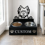 Personalized Silky Terrier dog metal dog bowl stand with custom name cutout and two removable feeding bowls