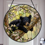 Sleeping bear on tree stained glass suncatcher window hanging, suitable for home and garden decoration
