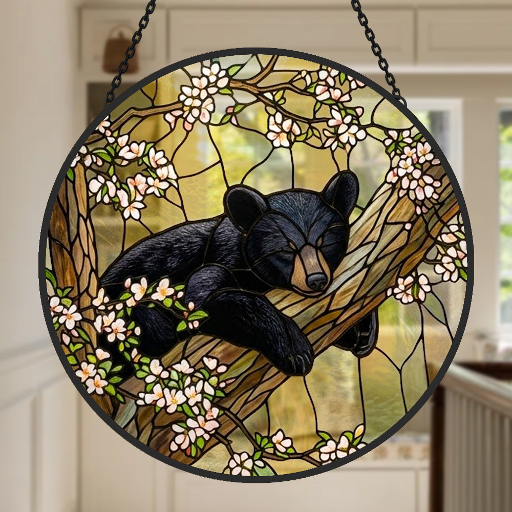Sleeping bear on tree stained glass suncatcher window hanging, suitable for home and garden decoration