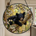 Sleeping bear on tree stained glass suncatcher window hanging, suitable for home and garden decoration