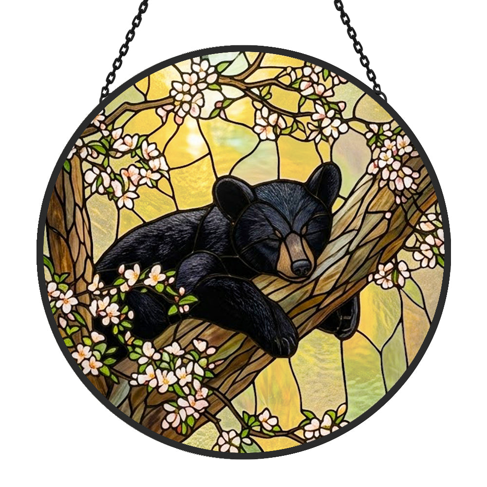 Sleeping bear on tree stained glass suncatcher window hanging, suitable for home and garden decoration