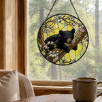 Sleeping bear on tree stained glass suncatcher window hanging, suitable for home and garden decoration