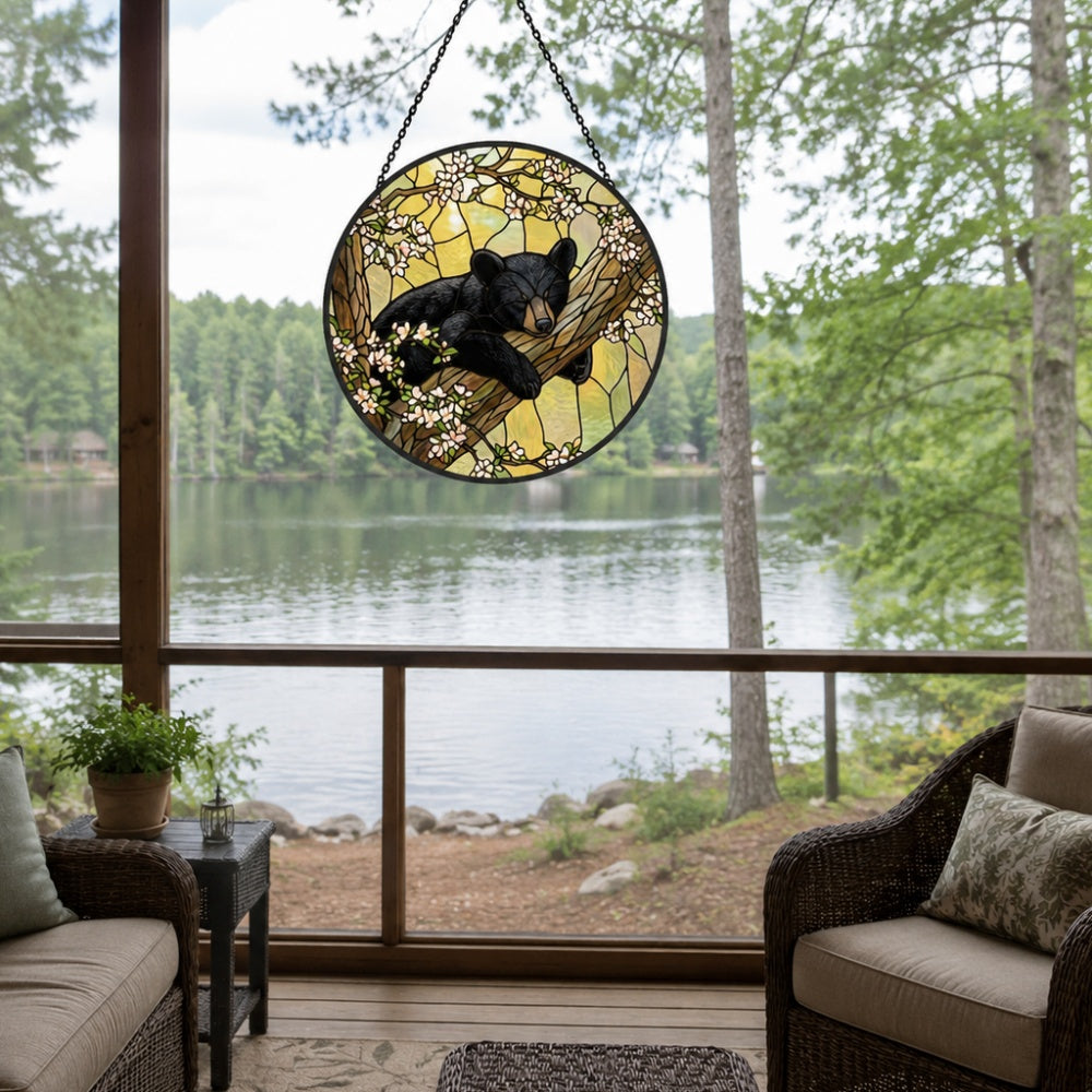 Sleeping bear on tree stained glass suncatcher window hanging, suitable for home and garden decoration