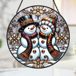 Snowman couple stained glass suncatcher window hanging, suitable for home and garden decoration