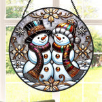 Snowman couple stained glass suncatcher window hanging, suitable for home and garden decoration
