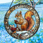 Snowy backyard squirrel with holly berries stained glass suncatcher window hanging, suitable for home and garden decoration
