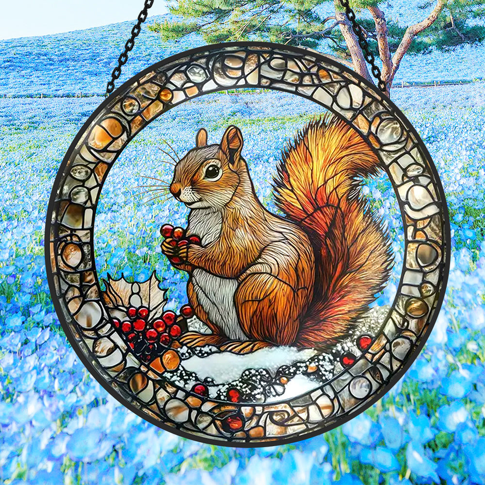 Snowy backyard squirrel with holly berries stained glass suncatcher window hanging, suitable for home and garden decoration