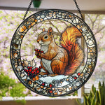 Snowy backyard squirrel with holly berries stained glass suncatcher window hanging, suitable for home and garden decoration