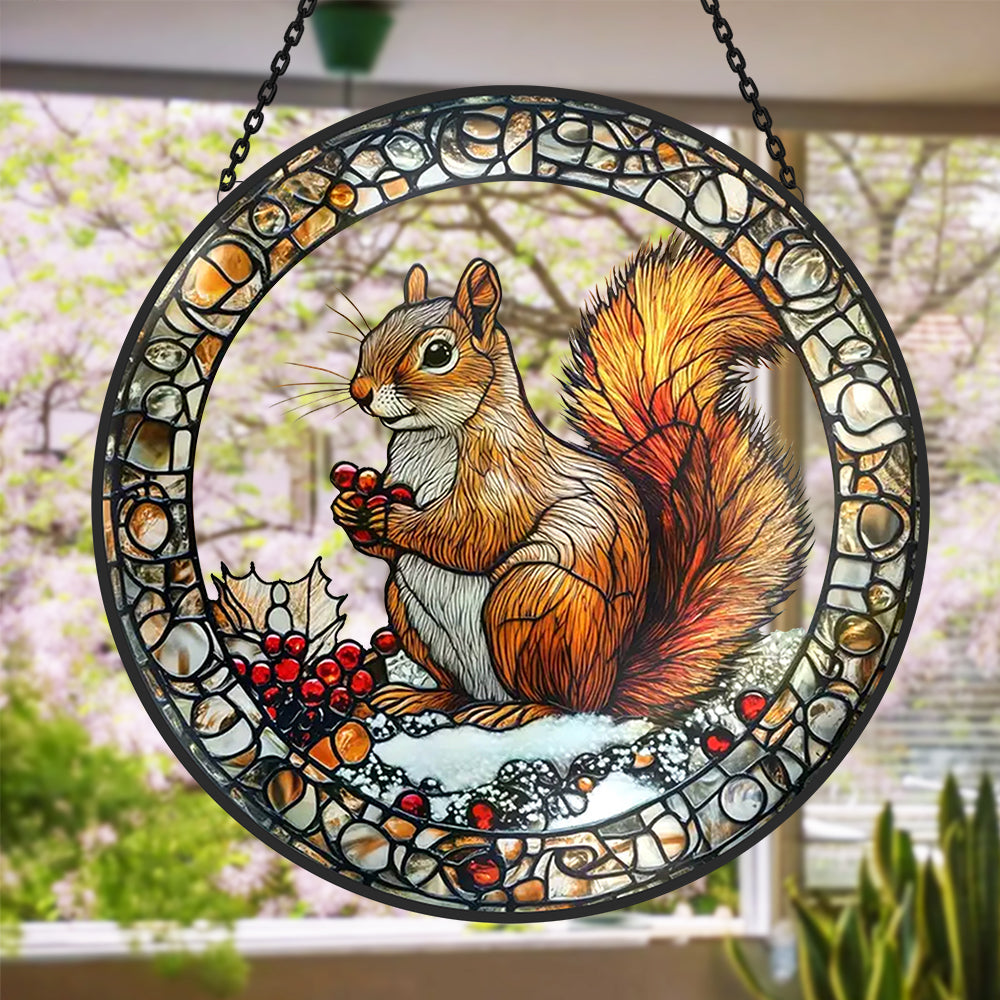 Snowy backyard squirrel with holly berries stained glass suncatcher window hanging, suitable for home and garden decoration