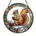 Snowy backyard squirrel with holly berries stained glass suncatcher window hanging, suitable for home and garden decoration