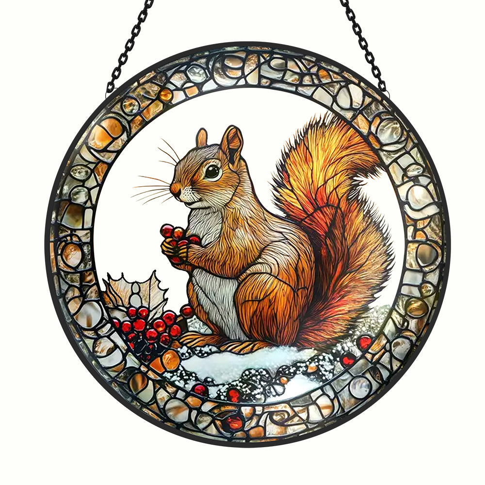 Snowy backyard squirrel with holly berries stained glass suncatcher window hanging, suitable for home and garden decoration