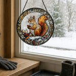 Snowy backyard squirrel with holly berries stained glass suncatcher window hanging, suitable for home and garden decoration