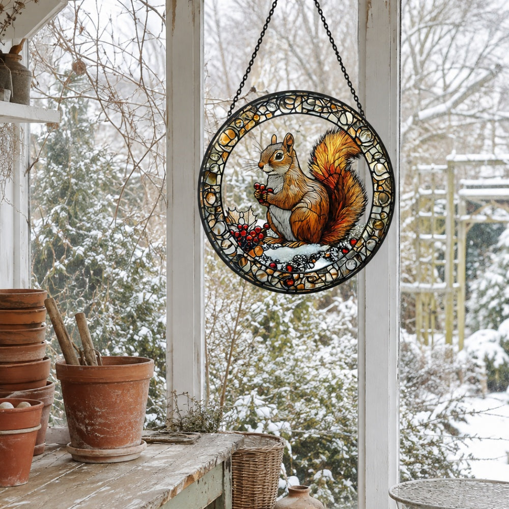 Snowy backyard squirrel with holly berries stained glass suncatcher window hanging, suitable for home and garden decoration
