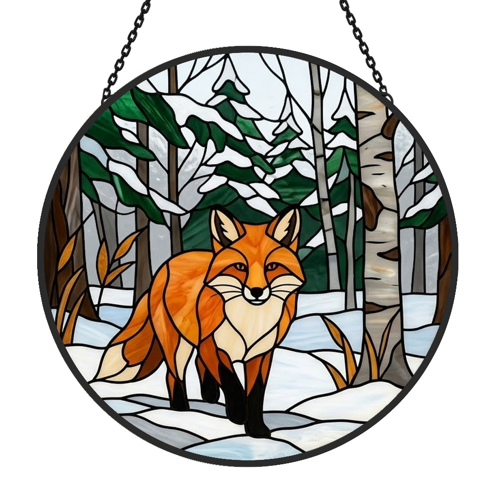 Snowy birch forest red fox stained glass suncatcher window hanging, suitable for home and garden decoration