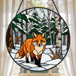 Snowy birch forest red fox stained glass suncatcher window hanging, suitable for home and garden decoration