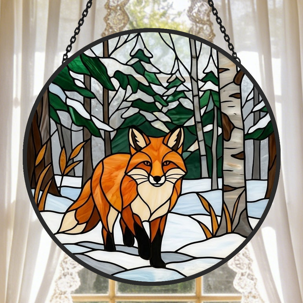 Snowy birch forest red fox stained glass suncatcher window hanging, suitable for home and garden decoration