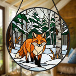 Snowy birch forest red fox stained glass suncatcher window hanging, suitable for home and garden decoration