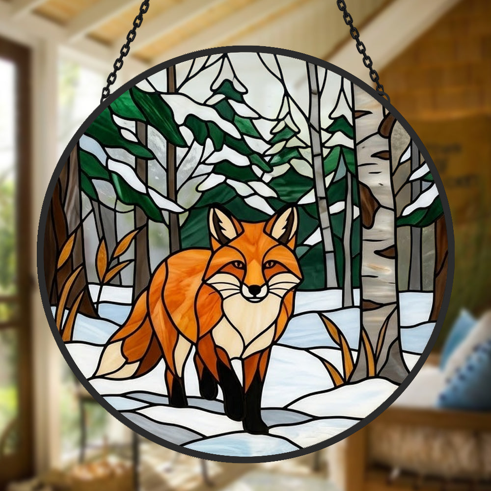 Snowy birch forest red fox stained glass suncatcher window hanging, suitable for home and garden decoration