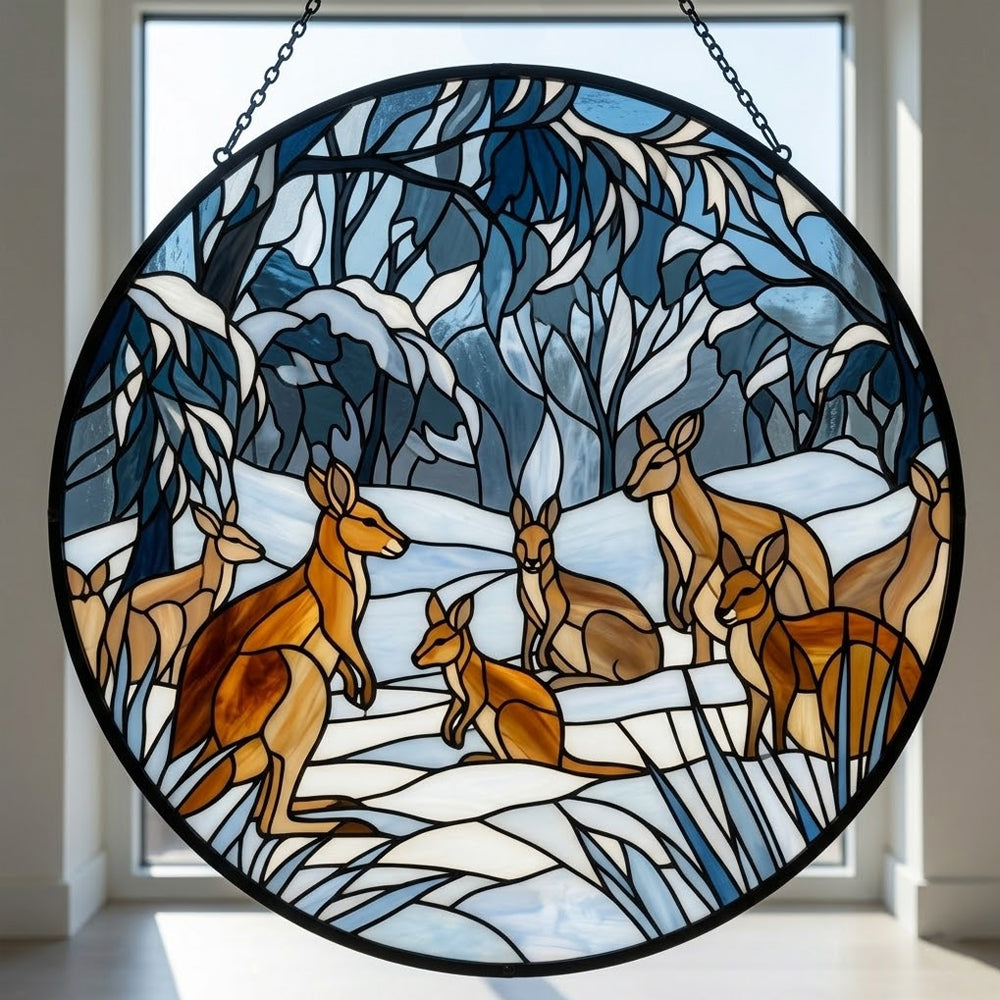 Snowy forest kangaroo mob stained glass suncatcher window hanging, suitable for home and garden decoration
