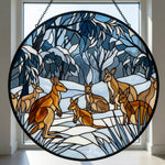 Snowy forest kangaroo mob stained glass suncatcher window hanging, suitable for home and garden decoration